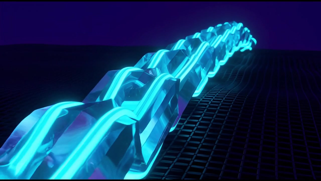 Catena al neon luminosa astratta che si muove attraverso una griglia digitale
