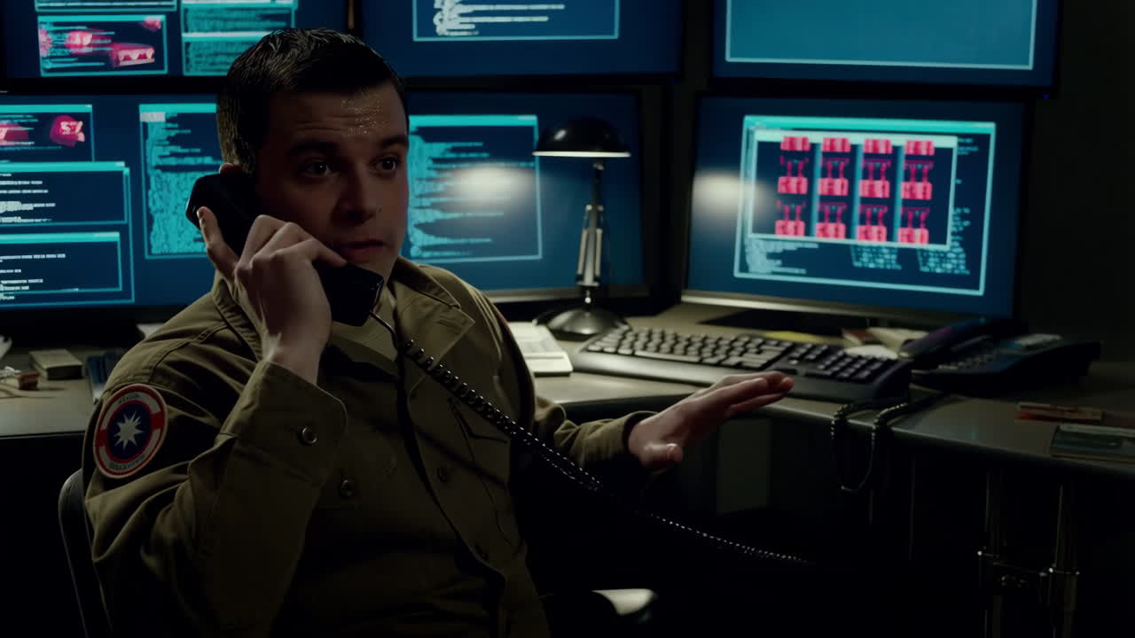 Man on phone in a control room