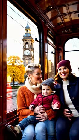 lesbian couple with their son enjoying an autumn tram ride.