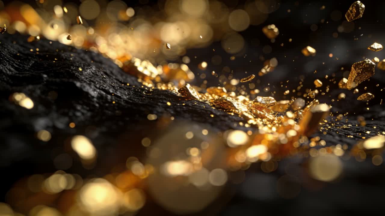 Fließende Goldfragmente steigen auf, während die Aufnahmen über einem dunklen, verkohlten Substrat im Makro-Studio voranschreiten.