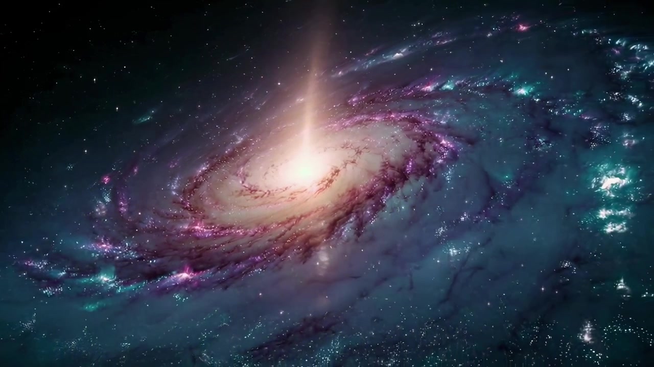 Galaktyka spiralna z jarzącym się jądrem i promienistą wiązką światła w głębokiej przestrzeni kosmicznej
