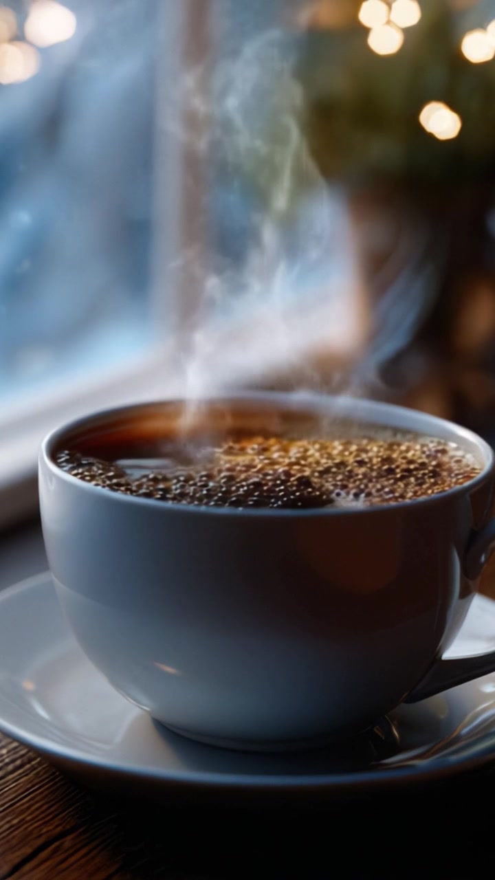 En dampende kop kaffe står indbydende på et bord, omgivet af en varm atmosfære, med blød belysning der skaber en hyggelig stemning perfekt til afslapning.
