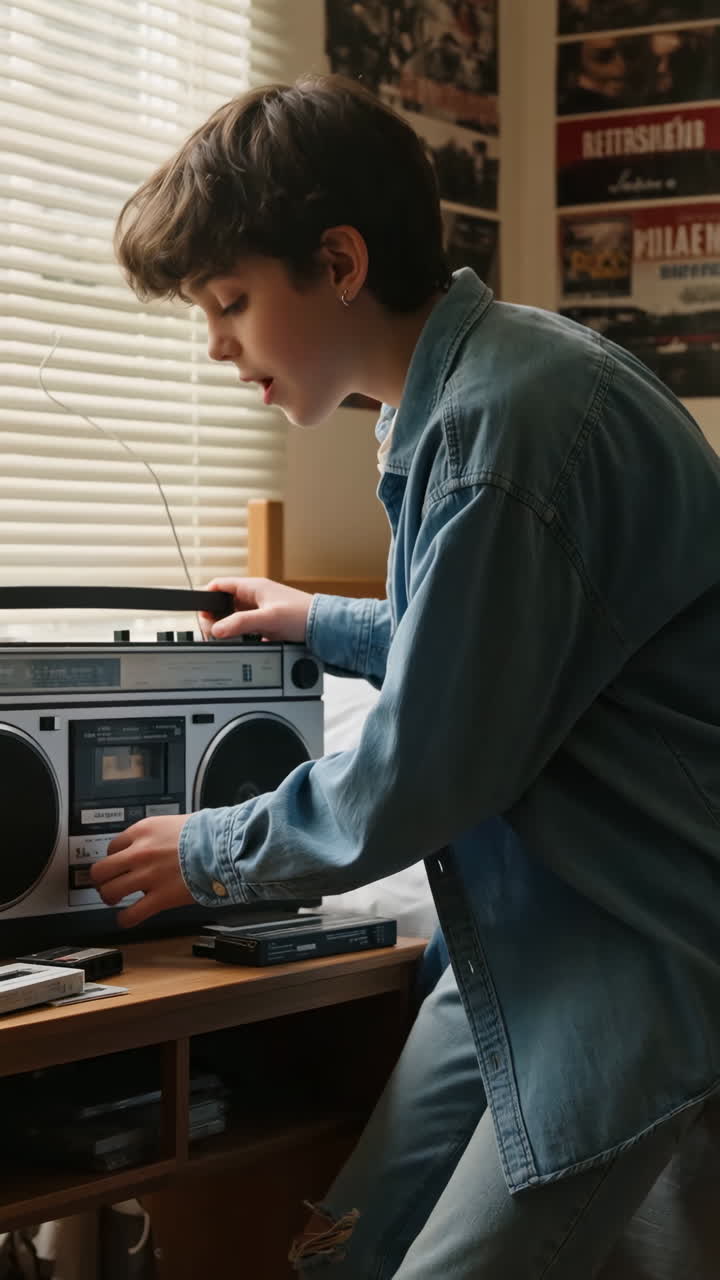 Ung person sätter in kassettband i en retro-boombox