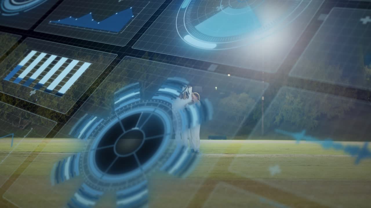 To mannlige utøvere går på en gul bar som nærmer seg en holo-disk på en teknologiscene og animerer dataringer