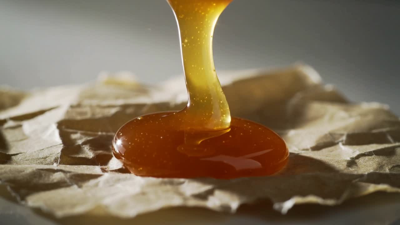 Gota de xarope tocando papel amassado, derramando e espalhando uma poça brilhante para marketing de alimentos.