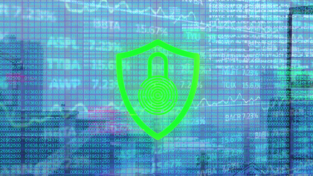 animación de cerraduras digitales y procesamiento de datos financieros en el paisaje urbano.