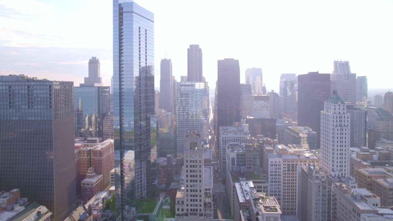 Witness the hustle and bustle of Chicago's business district with captivating drone visuals.