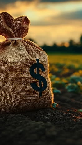 money bag means farmland wealth. a burlap sack with a dollar sign rests on rich soil among crops at sunset, symbolizing agricultural wealth.