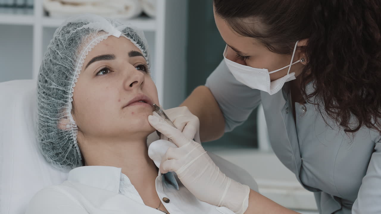 A woman receiving a cosmetic injection on her lips from a beautician
