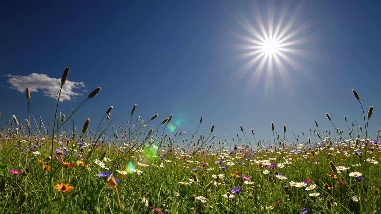 Videooptagelse i lav engel af en farverig eng med vilde blomster under en strålende sol og klar, blå himmel