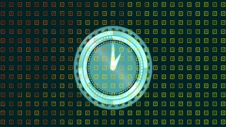 Animation of ticking clock over abstract shapes in seamless pattern against black background