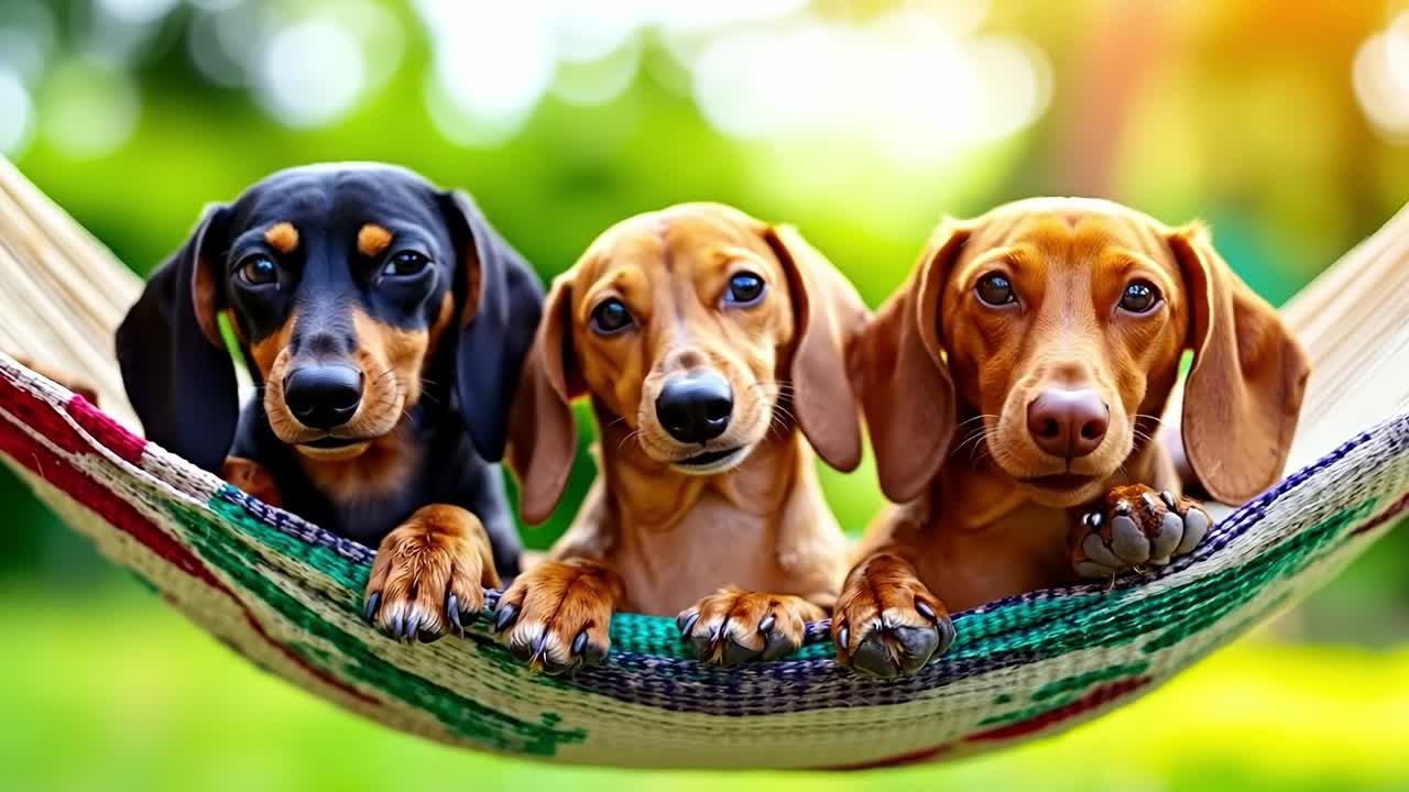 Three dachshunds in a hammock
