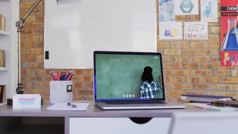 Mixed-race-female-teacher-on-laptop-screen-during-video-call