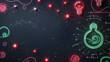 neon light bulbs and abstract scientific patterns