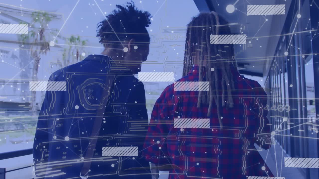 Camera tracking two men walking toward entrance, tech overlay animating nodes lines and data bars