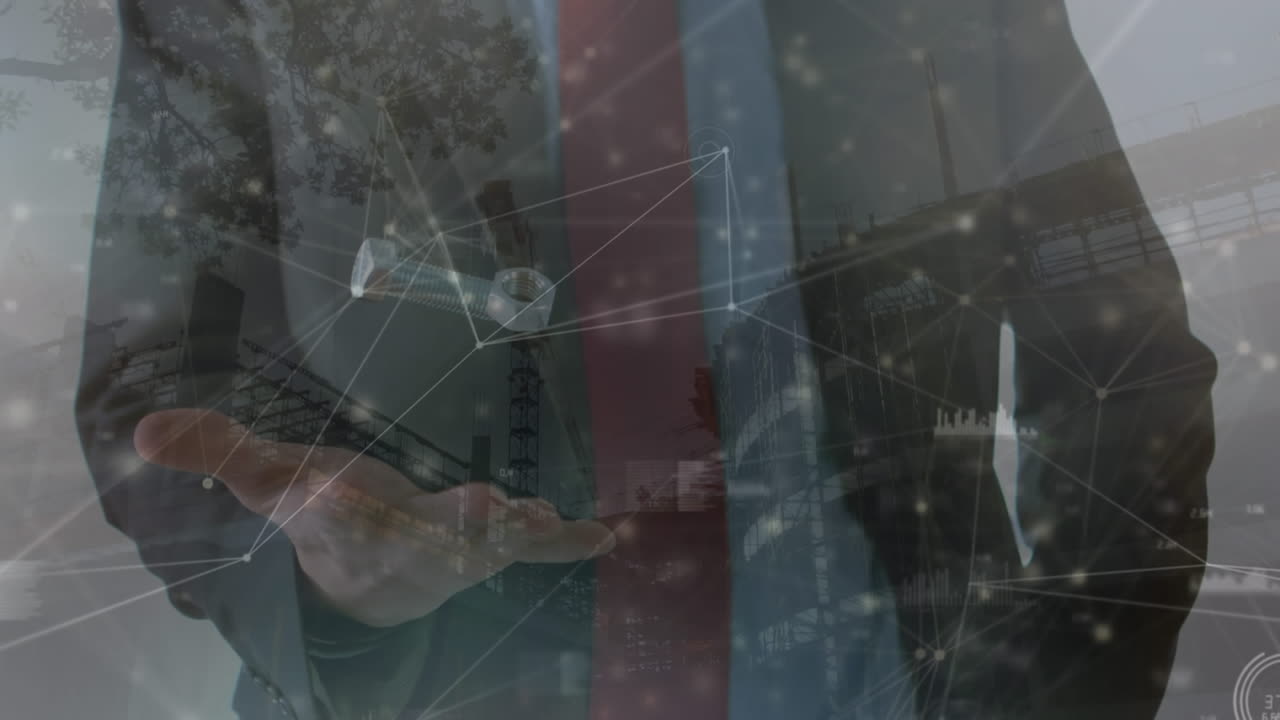 animación de procesamiento de datos sobre empresario caucásico con tornillo