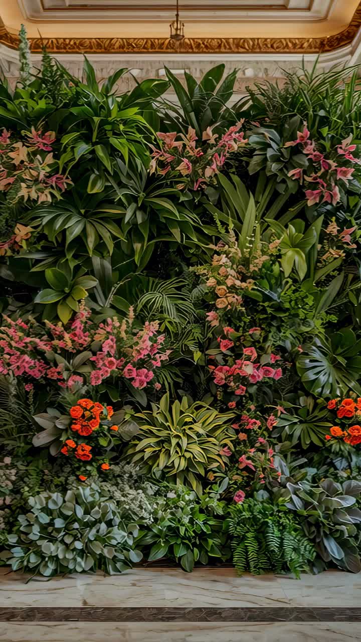 Vídeo vertical: Tomada estável enquadrando um jardim vertical no lobby, exibindo flores rosas e laranjas para decoração.