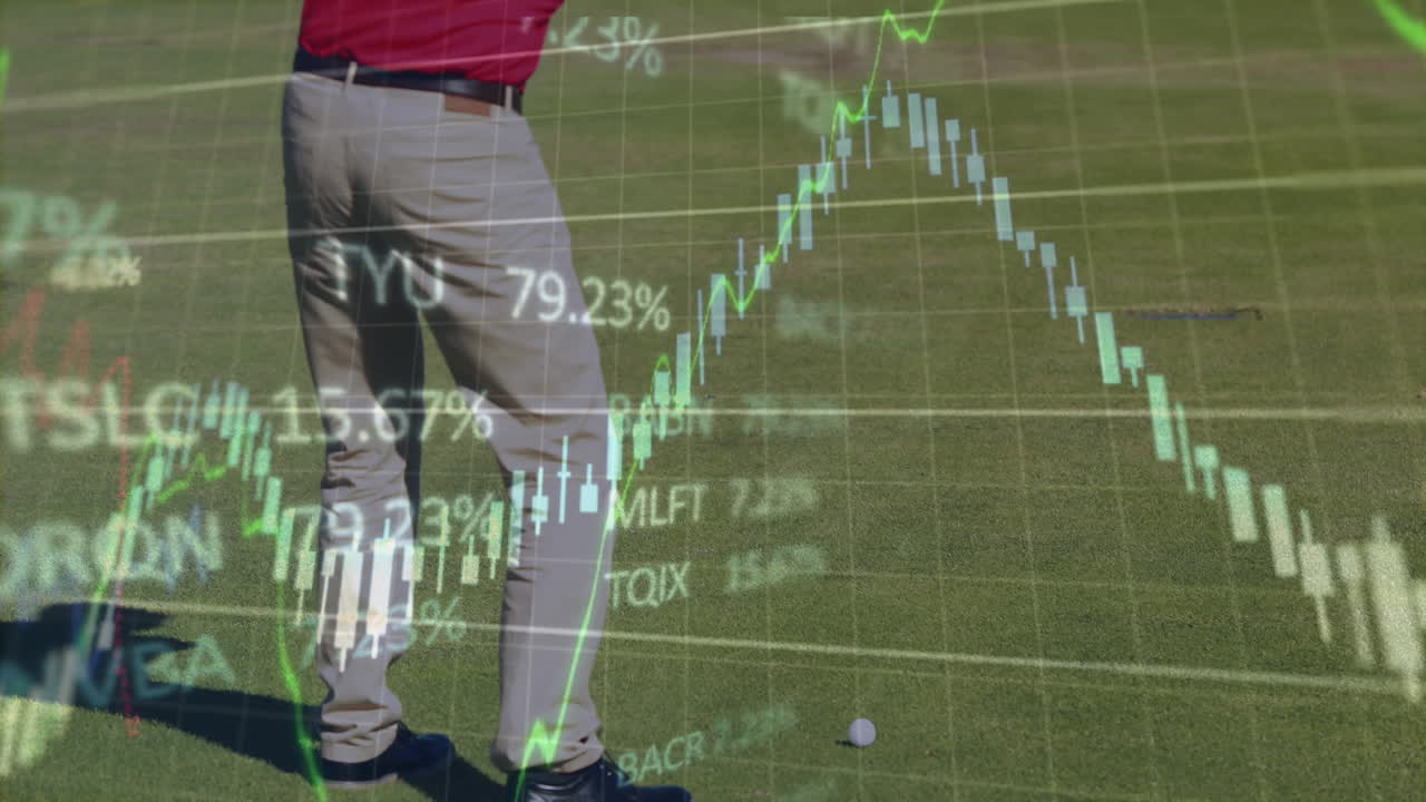 animación del procesamiento de datos sobre un jugador de golf masculino en un campo de golf