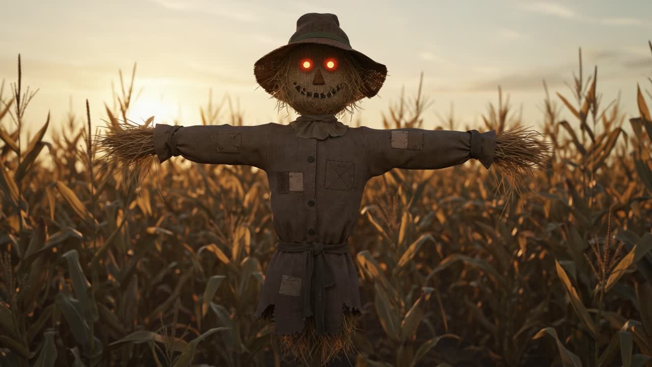 Eerie Scarecrow Illuminated in a Cornfield at Dusk, Watching Over the Crops with Glowing Eyes and a Mysterious Aura During Sunset