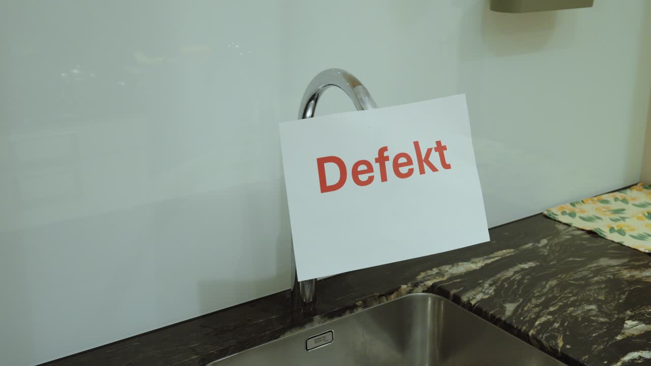 Kitchen faucet and sink labeled with a “Defekt” sign, illustrating plumbing malfunction, household repair needs and domestic maintenance issues