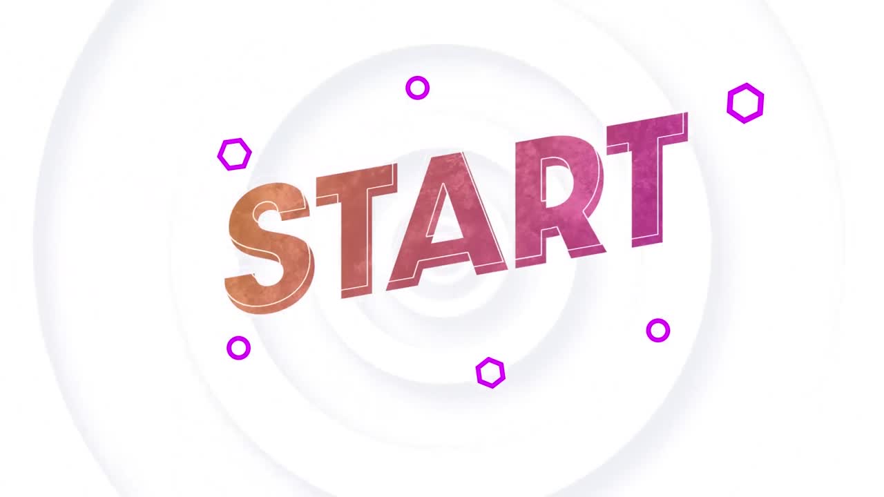 Digital animation of start text against concentric circles on white background