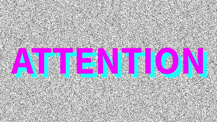Opmærksomhed. Ord om et problem på en støjende skærm. Looping VHS-interferens. Vintage animeret baggrund, der tiltrækker publikum.