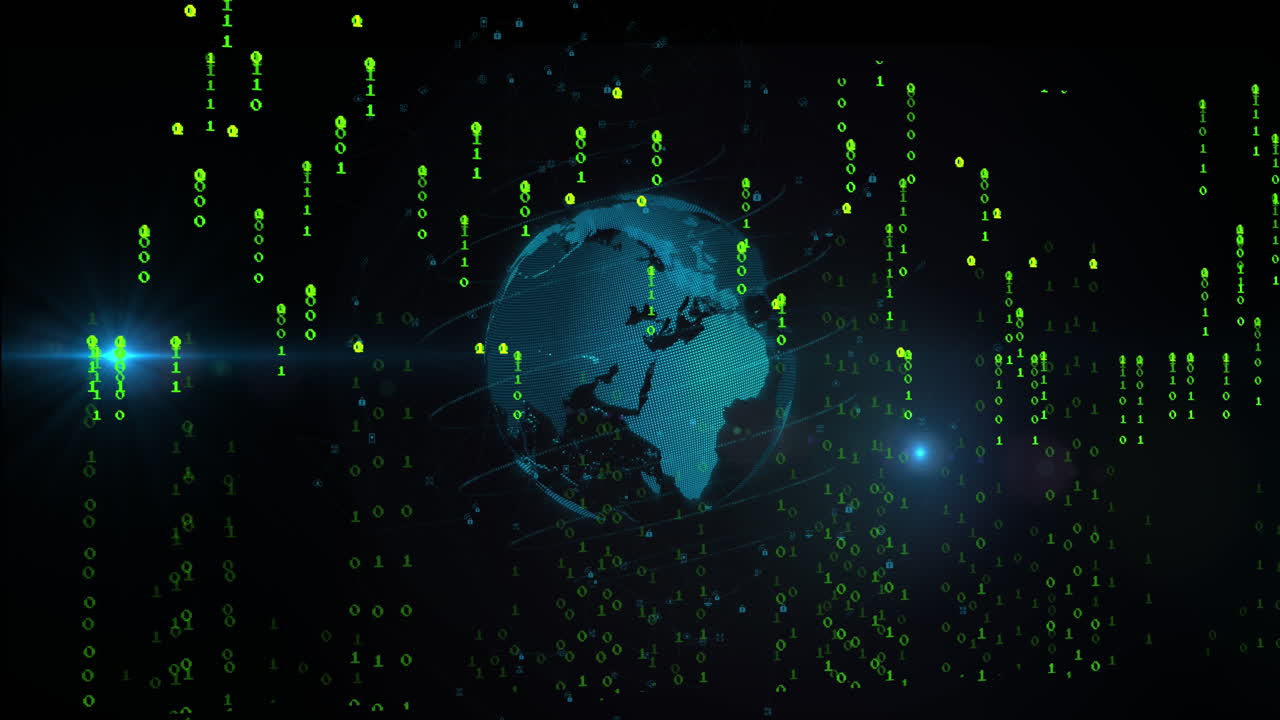 Animation of falling binary codes with circular pattern and lens flares around rotating globe