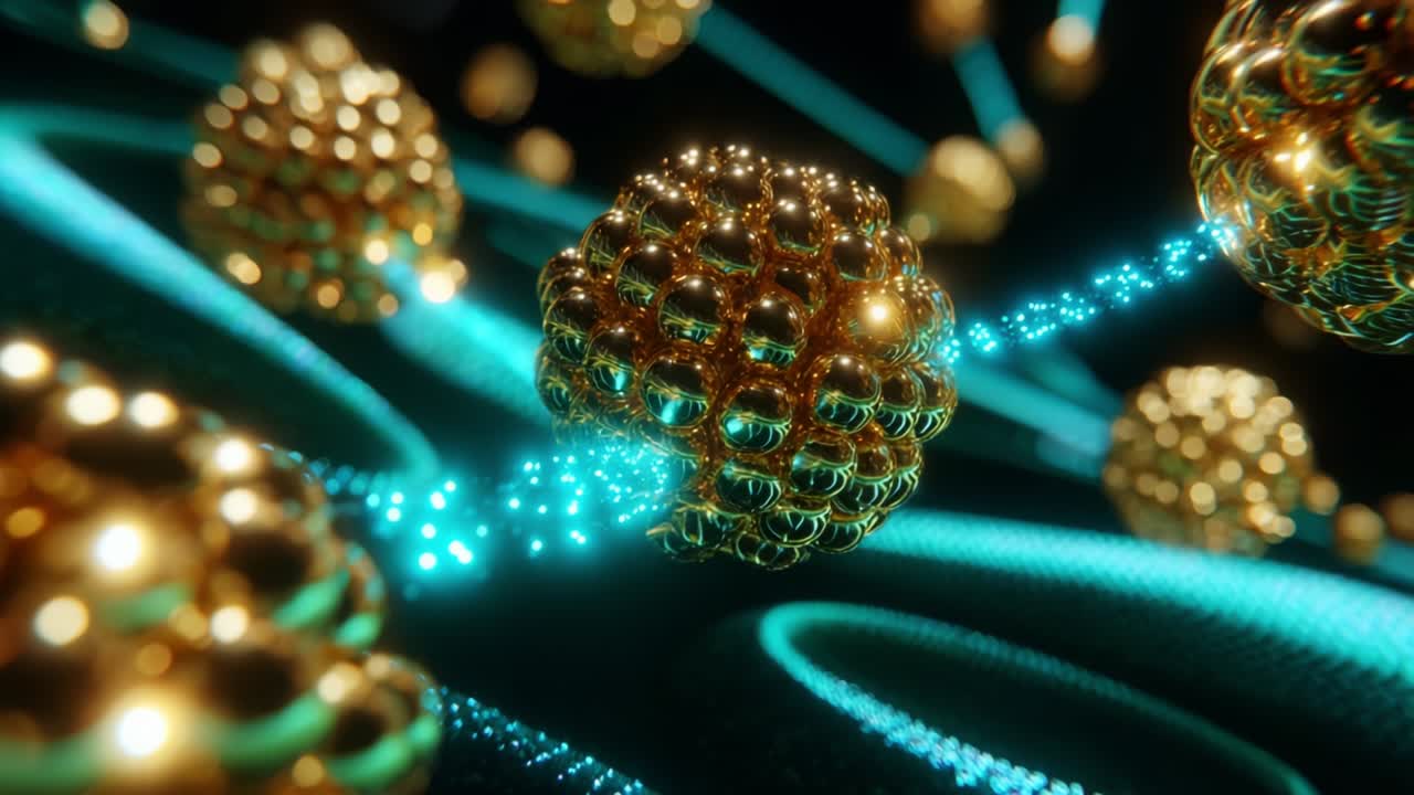 Dynamic Visualization of Glimmering Spheres Interconnected by Bright Energetic Strands, Demonstrating Complex Patterns of Interaction and Movement Through a Dark Background, Captivating Digital Art
