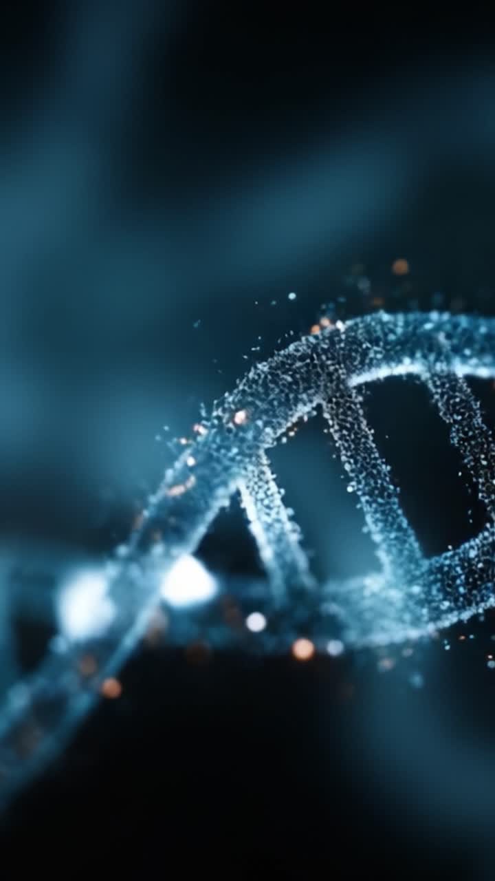 Una rappresentazione visiva mozzafiato della struttura genetica: arte digitale che raffigura un'elica di DNA luminosa con particelle scintillanti ed effetti eterei in un'atmosfera scura.