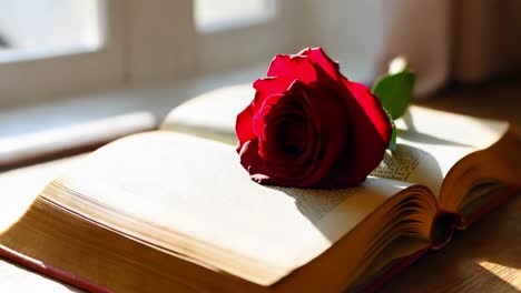 red rose on an open book by a window