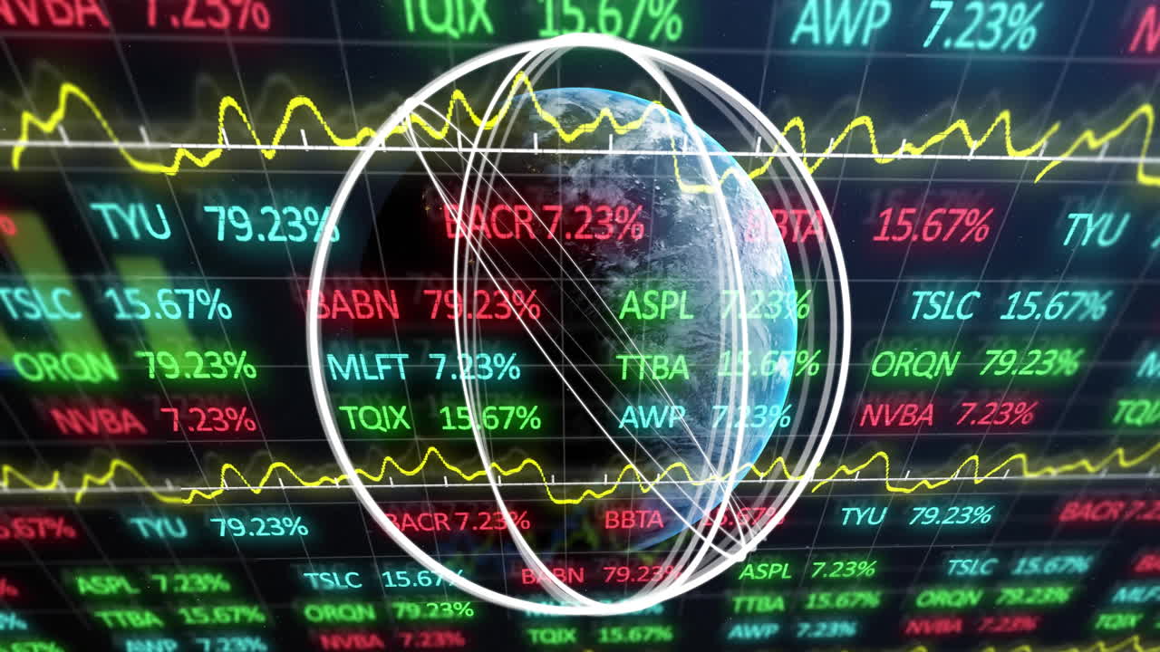 Stock market data with fluctuating graphs and rotating globe animation
