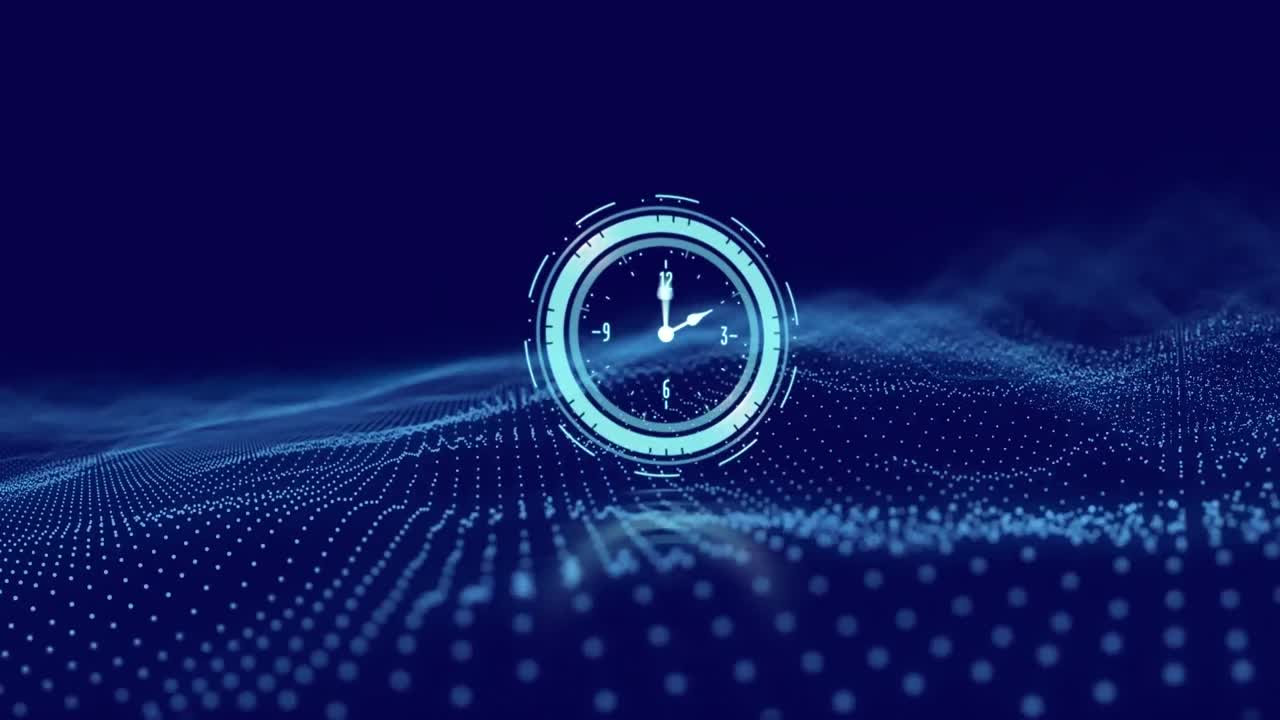Animation of clock and wave on dark blue background