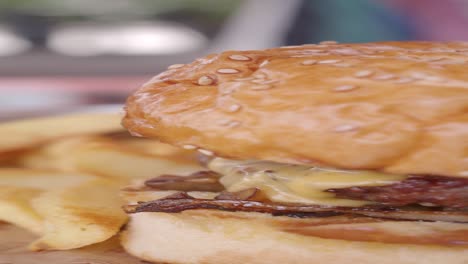 close up shot of a cheeseburger with fries