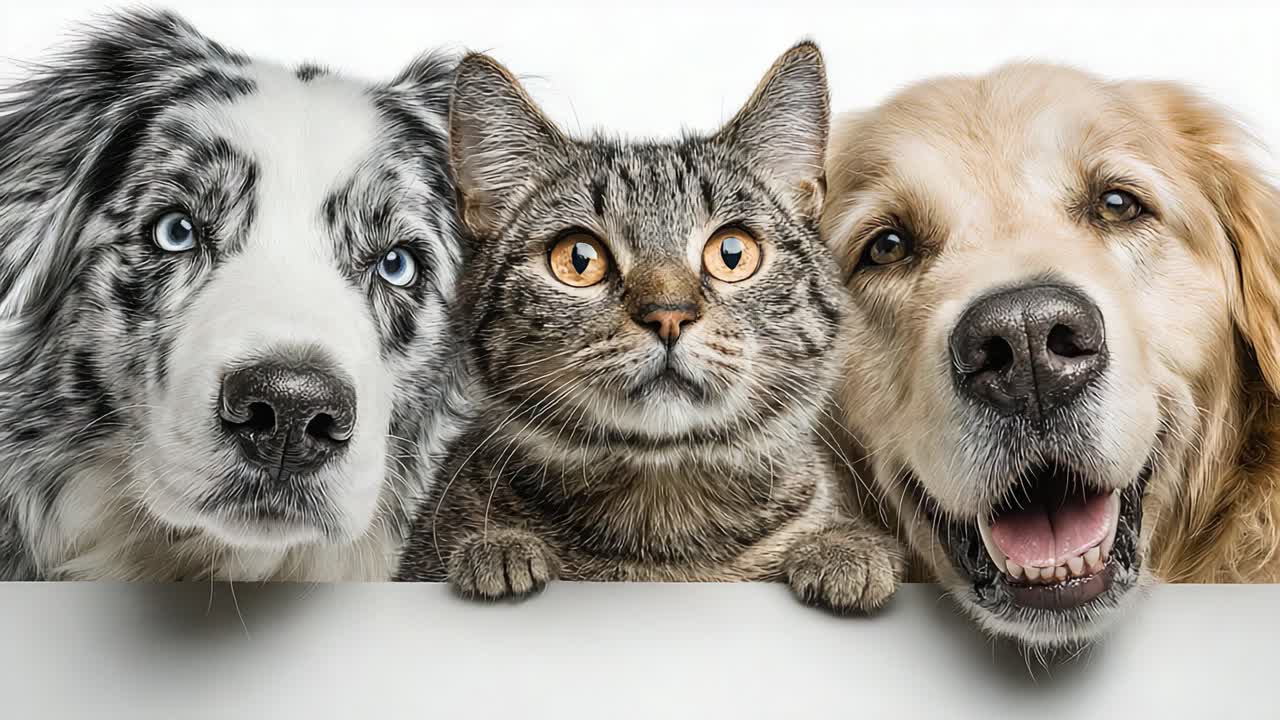A Heartwarming Trio: An Adorable Dog, Playful Cat, and Friendly Golden Retriever Pose Together with Charming Expressions, Captivating Pets Lovers Everywhere