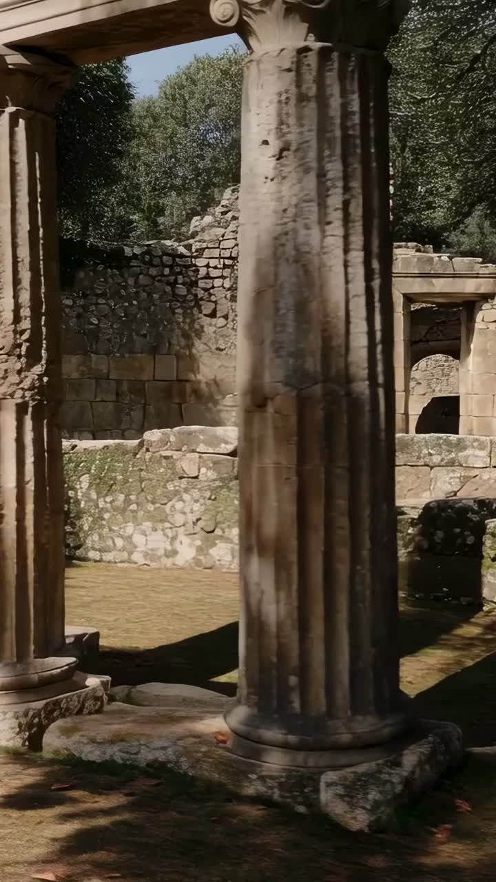 Video verticale: pan iniziale della camera, che mostra colonne scanalate in una rovina boschiva per rivelare i dettagli