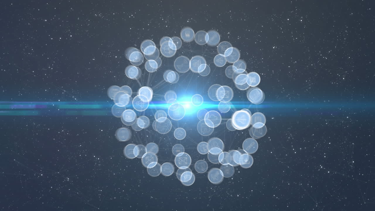 원활한 루프로 움직이는 아이콘과 함께 회전하는 지구를 형성하는 연결 네트워크의 애니메이션