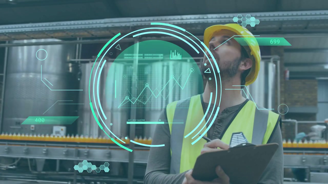 Factory inspector scanning control panel and recording data on clipboard, teal AR HUD overlaying
