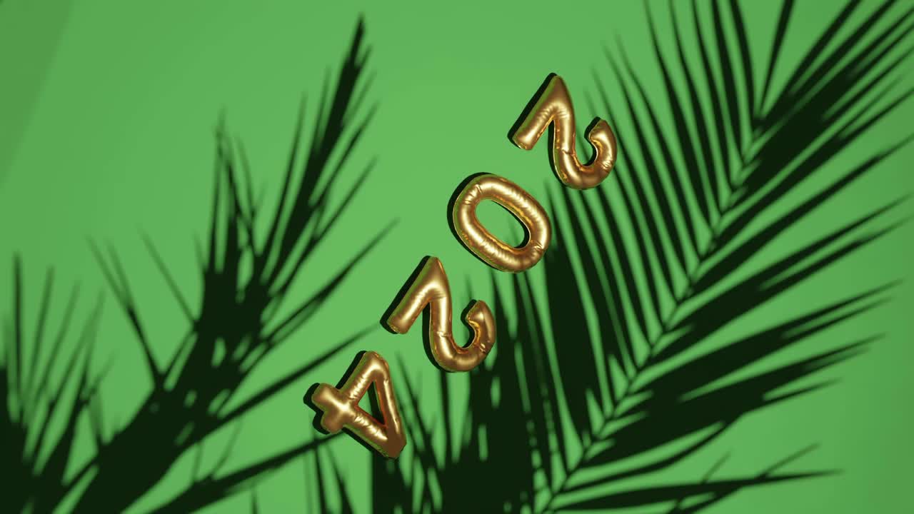 Palloncino dorato 2024 su palme sagomate, sfondo verde, verticale.