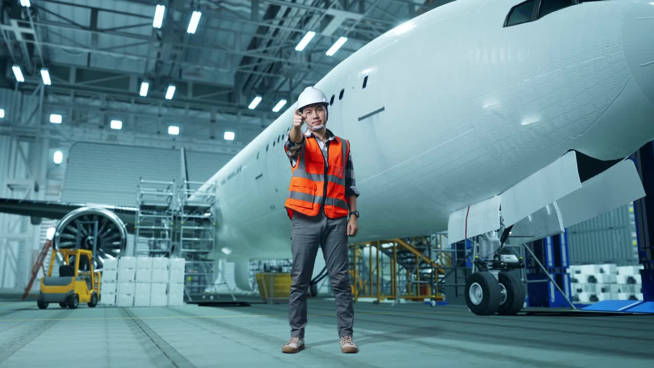 cuerpo lleno de ingeniero masculino asiático con casco de seguridad de pie con aviones en el hangar. sonriendo y tocando su pecho luego señalando a usted mientras el mantenimiento de aviones