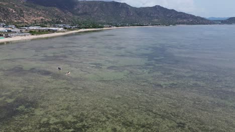 drone flies over paddle boarders at the beach in phan rang, vietnam, then pans downward to reveal the clear water, shoreline, and beach activity.