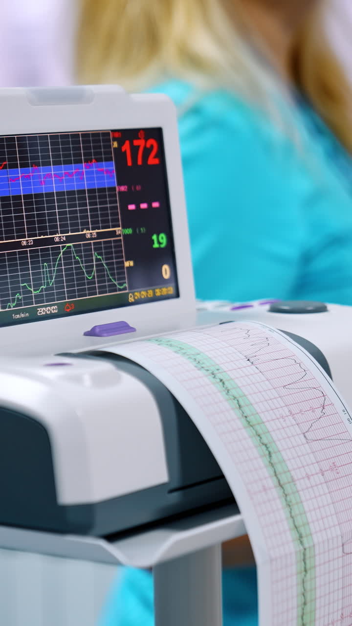 Cardiotocography device recording the fetal heart rate well-being. Female nurse wearing blue uniform standing at backdrop in blur. Vertical video