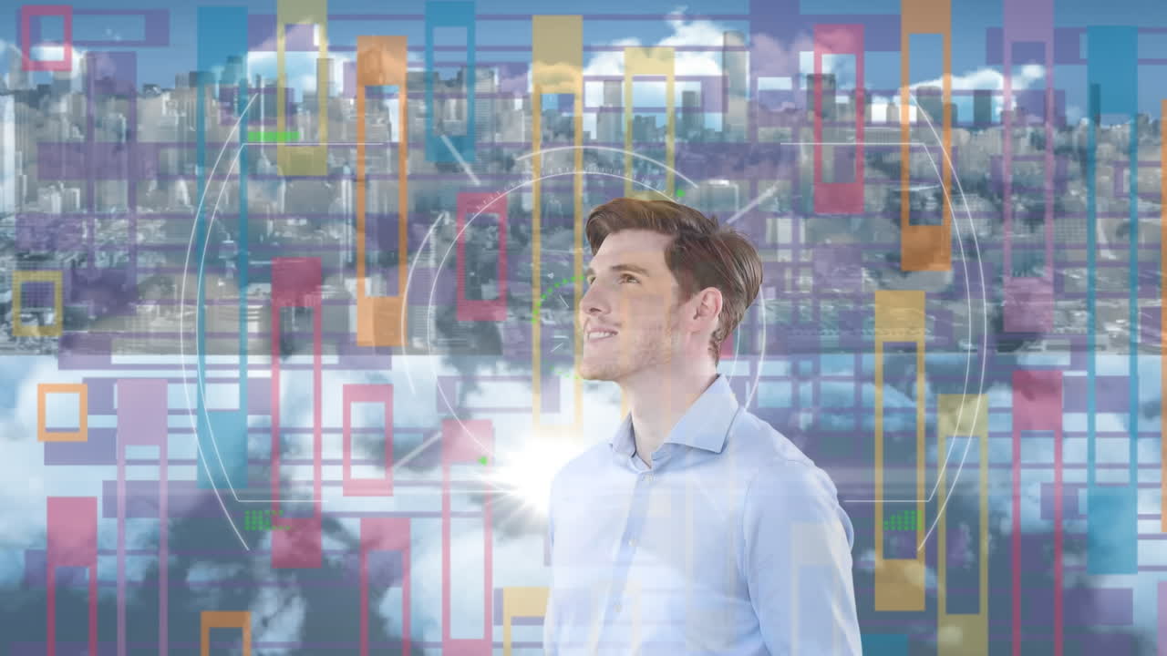 animación de un hombre de negocios con escaneo de alcance y paisaje urbano