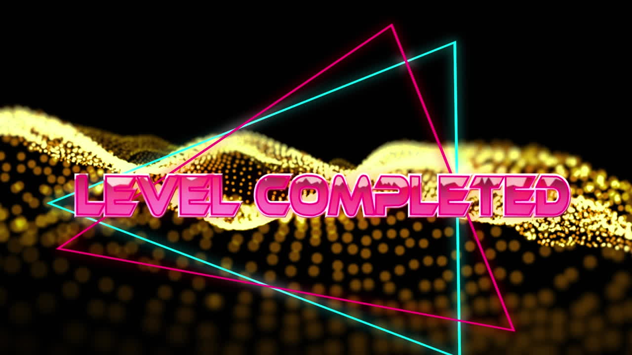 기하학적 움직이는 모양과 파도 위에 레벨 완료 텍스트의 애니메이션