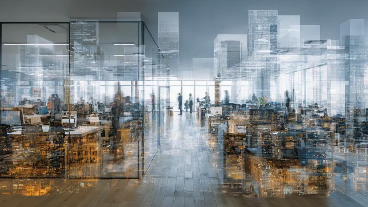 Modern Office Workspace Blending Cityscape Elements: A Glimpse into the Future of Corporate Environments and Dynamic Work Culture