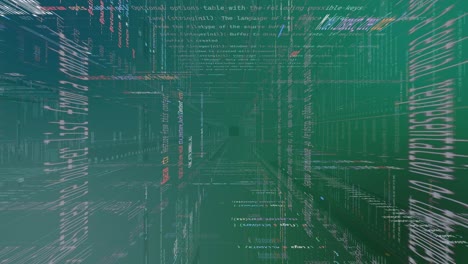 coding 3d server, scrolling through programming data, rendering through gradient mainframe source code, green gradient background