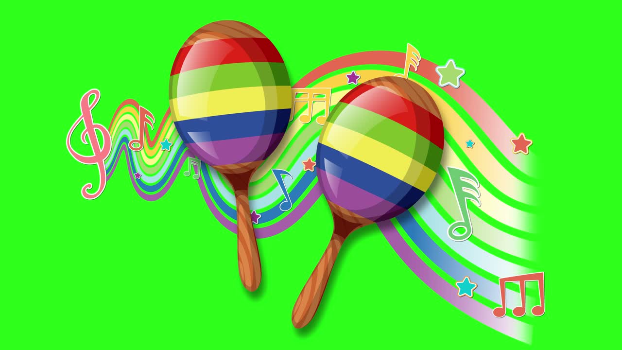 Colorful maracas and musical notes animate rhythmically against a bright green background, creating a lively and festive atmosphere