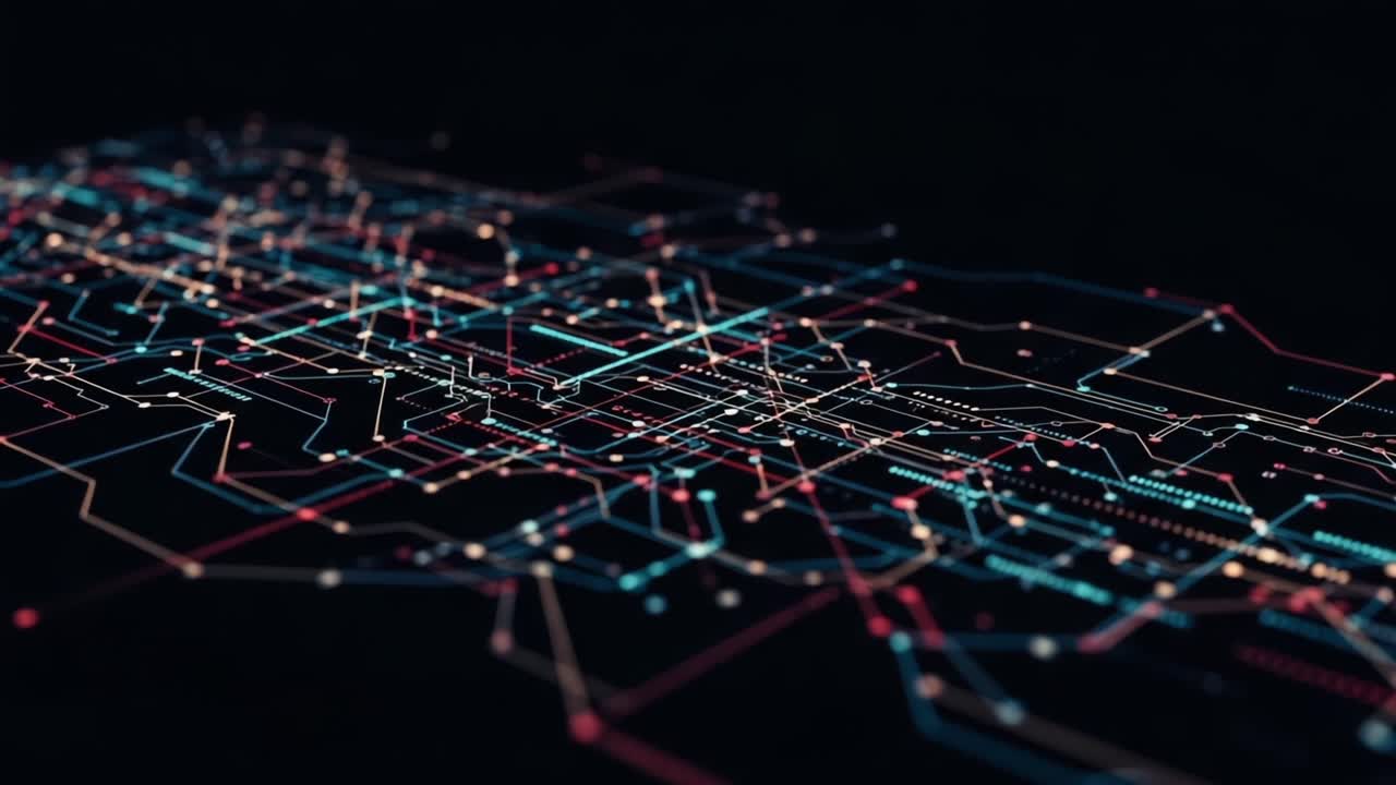A Close-Up Visualization of a Complex Network System Featuring Brightly Colored Interconnected Lines and Nodes Representing Data Flow and Structural Connections