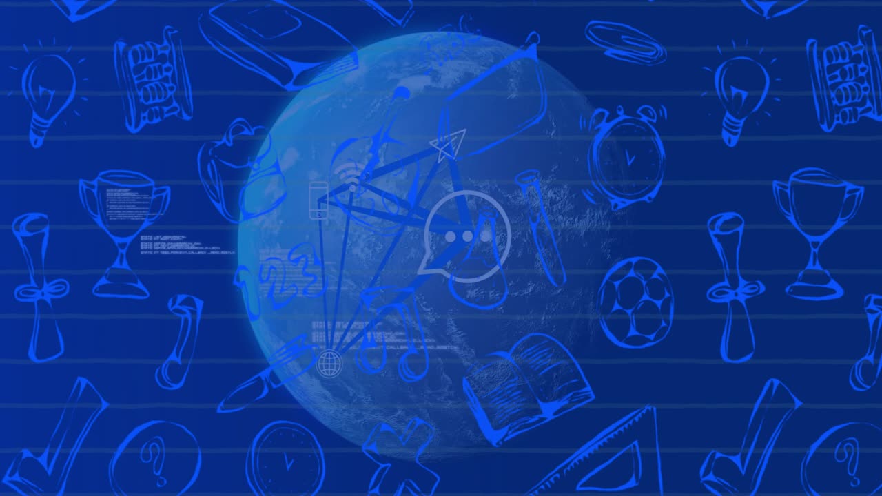 シーン開始時、地球儀がフェードインして回転し、アイコンとデータがスクロール、コネクテッドラーニングを表現。