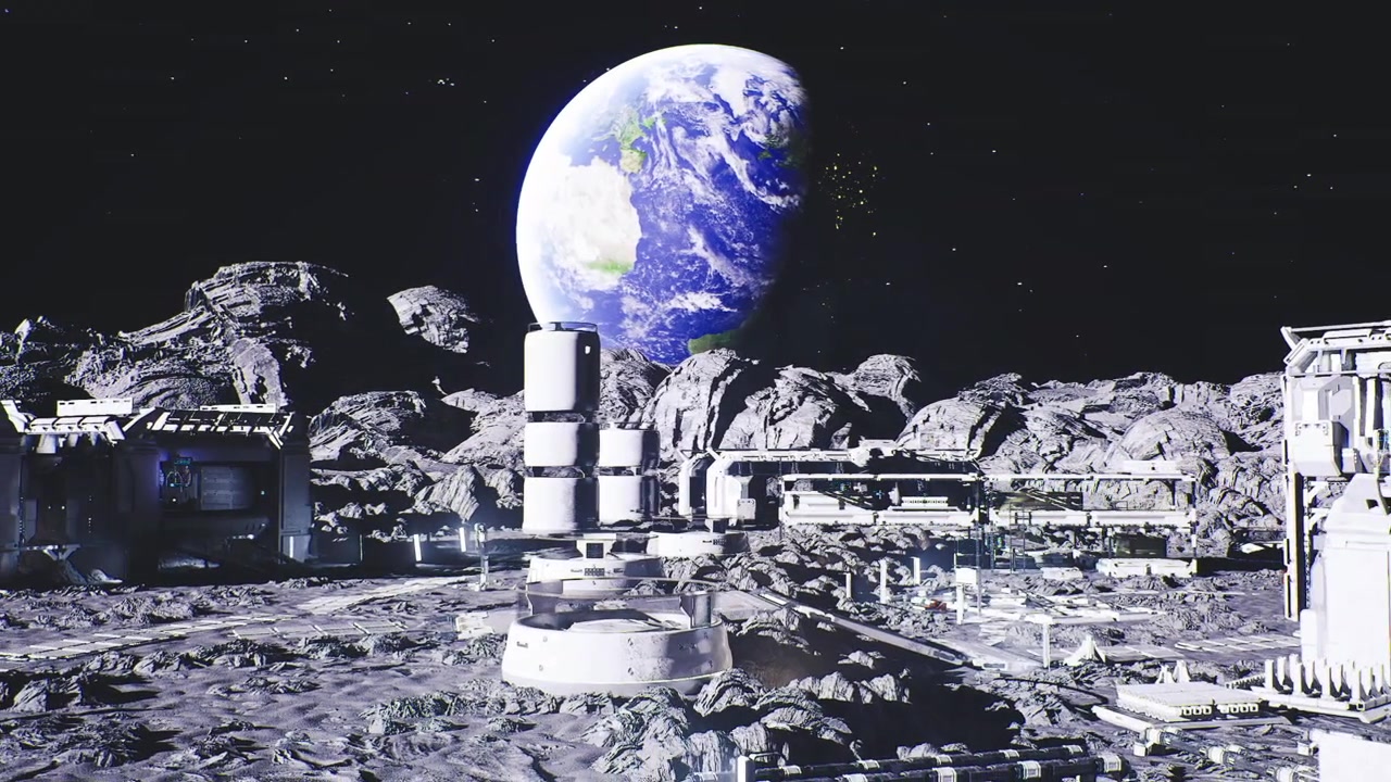 Robotic explorers and scientific modules on alien terrain under starlit sky