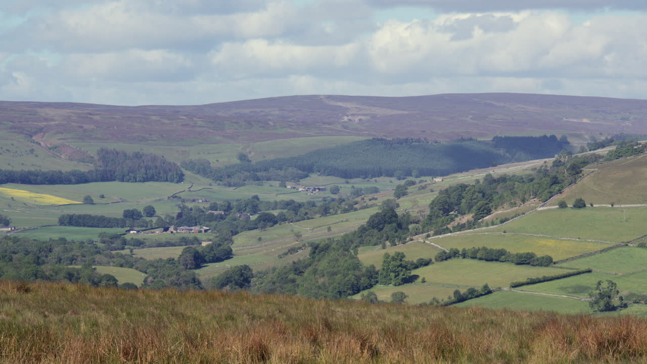 Extra wide shot looking across the countryside and farmland to Skelton moor at Downholme and Downholme viewing point